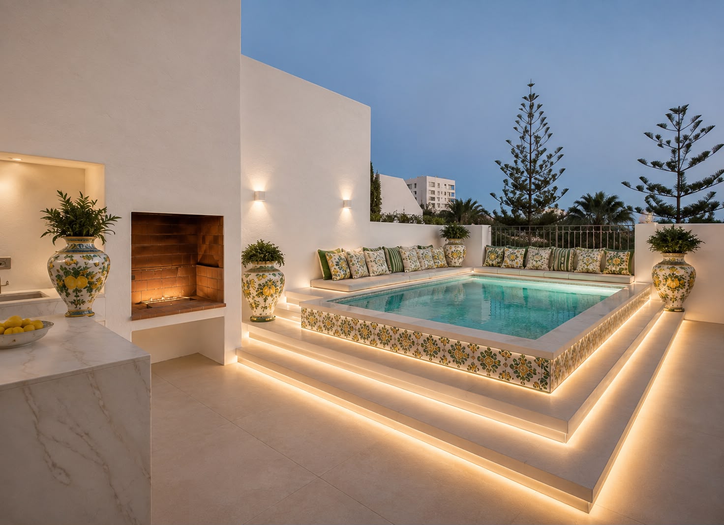 Visualisation of the rooftop terrace with a tiled plunge pool, sunken seating and concealed lighting beside the outdoor kitchen